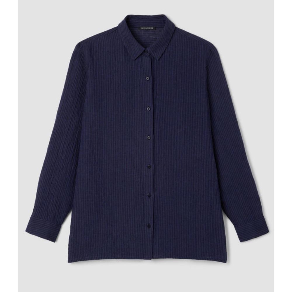 Eileen Fisher $178 Puckered Organic Linen Stripe Classic Collar Shirt XL